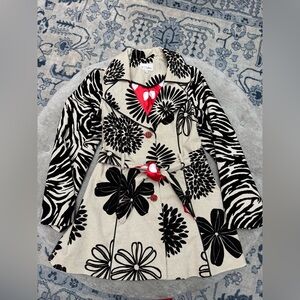 3 SISTERS Velvet Floral Zebra Print Belted Coat Linen Blend Red Polka Dot Lining
